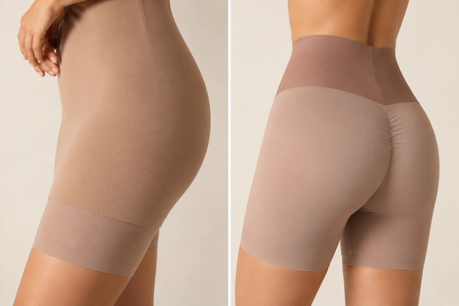 Close-up details of invisible leg edges and contouring back seam