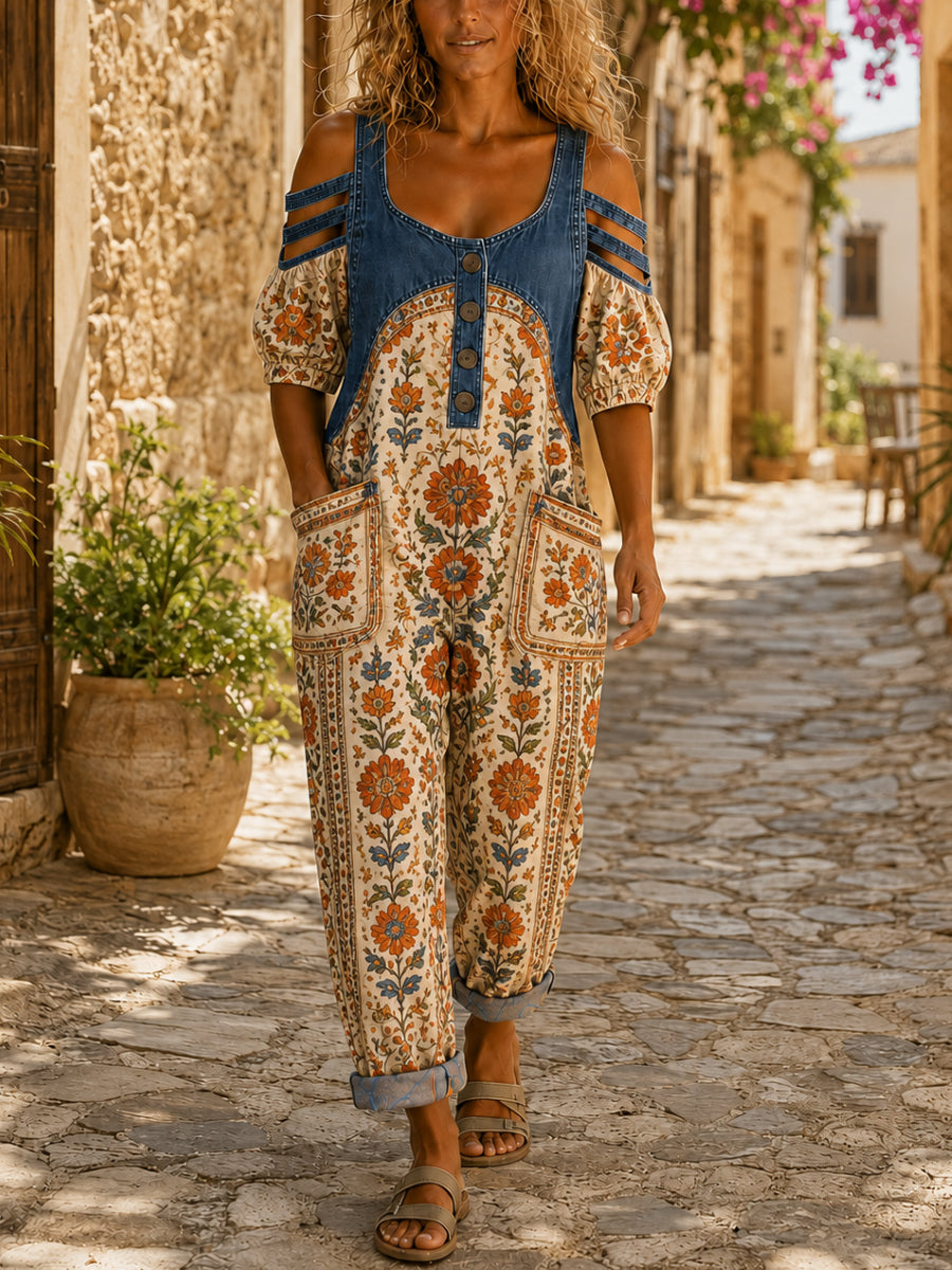 Women's Casual Sleeveless Denim Patchwork Jumpsuit