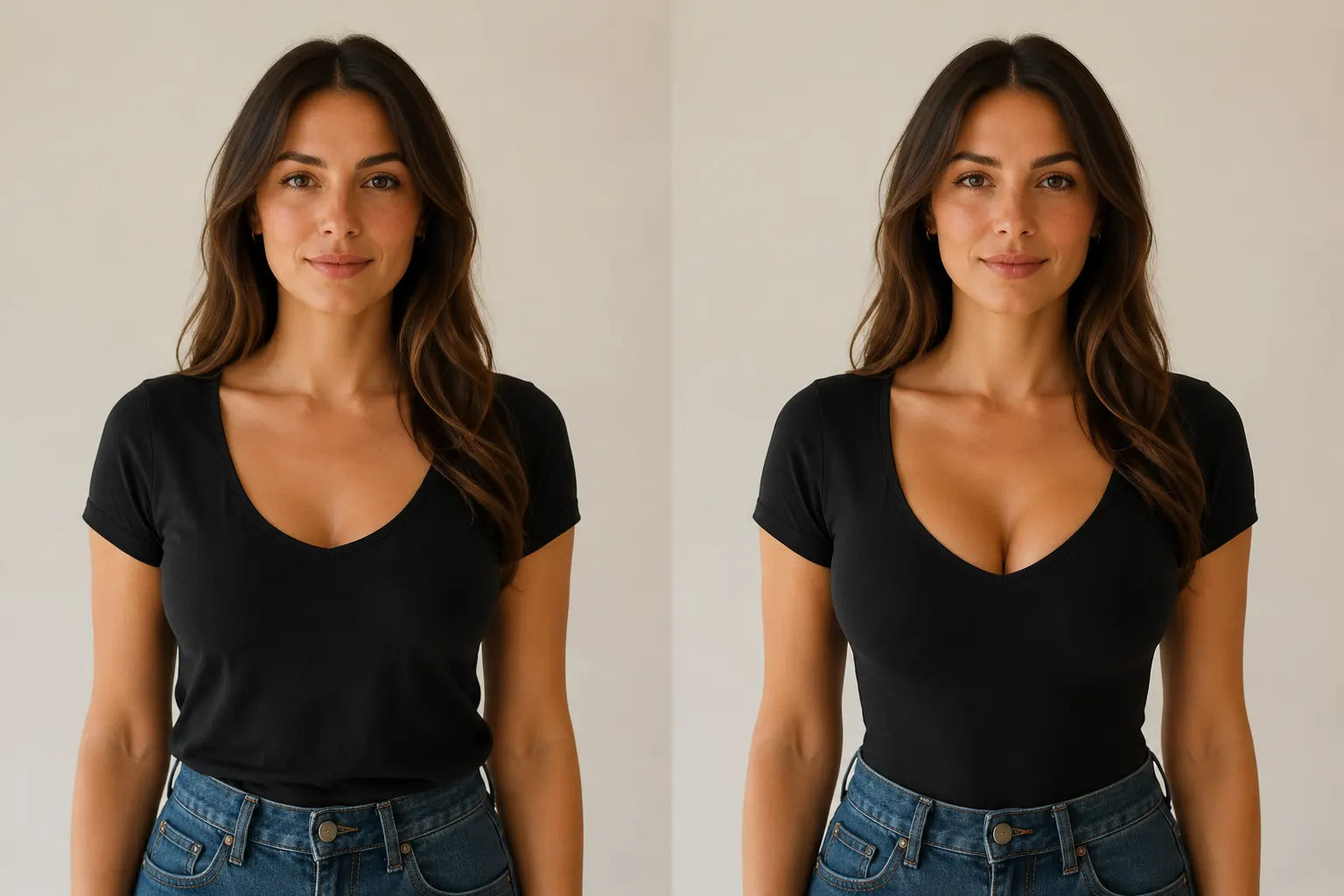 Same outfit comparison showing a smoother, naturally lifted neckline