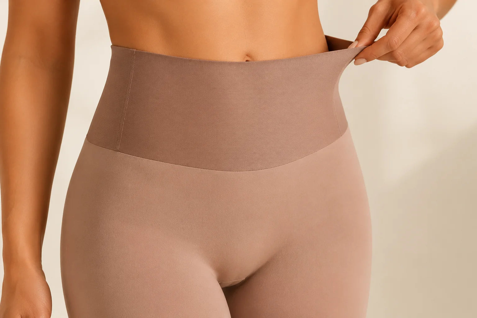 Close-up of the wide brown stay-put waistband