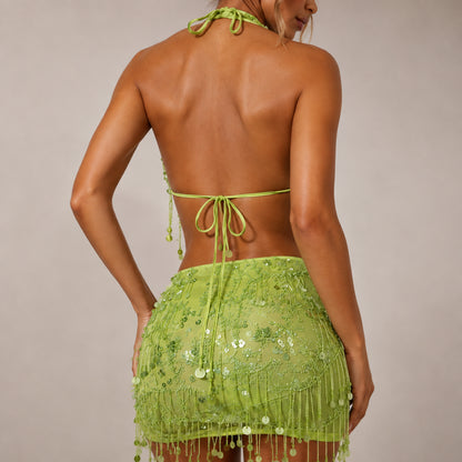 Sequin Fringe Cowl Neck Cami & Mini Skirt Set – Women's 2-Piece Festival Outfit