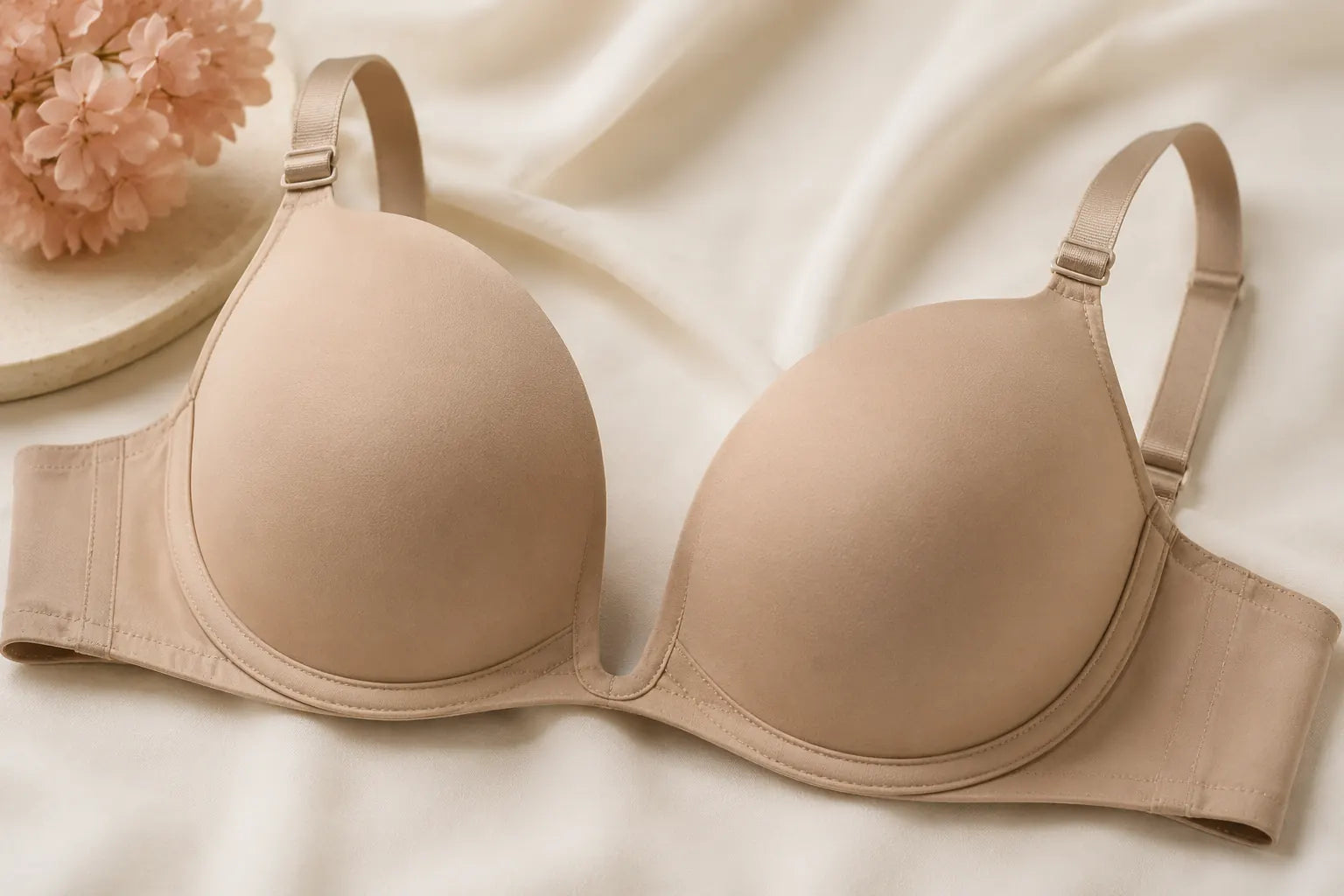 Deep V molded cup and underwire construction detail