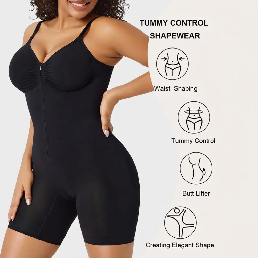 Women’s Tummy Control Shapewear Bodysuit with Zip Front & Breathable Mesh