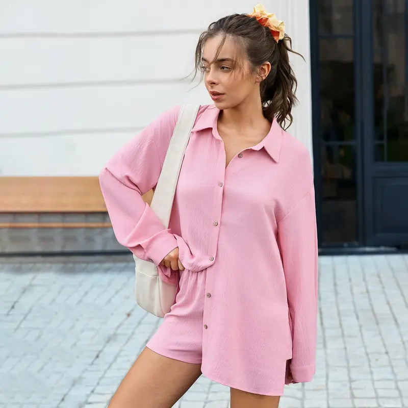 Oversized Button-Down Shirt & Shorts Set