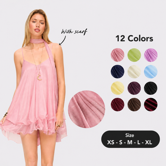 Women’s V-Neck Halter Glitter Mini Dress – Ruffled Hem & Scarf