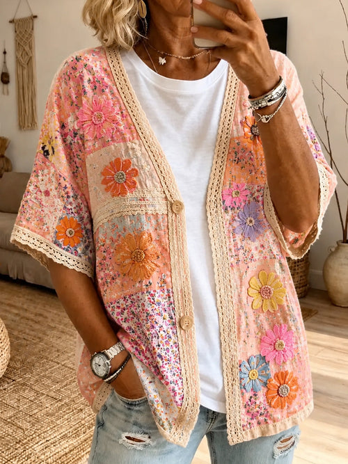 Women's Bohemian Casual Art Print Retro V-Neck Long-Sleeved Button-Down Top