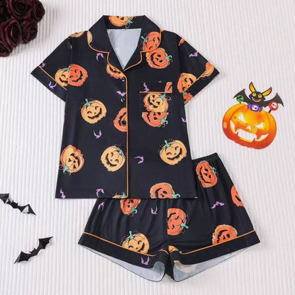 Halloween Pajamas Women Button Short Sleeve Tops Matching Cute Shorts Fall Pjs Sets