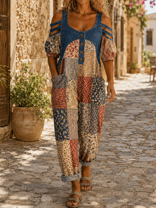Women's Casual Sleeveless Denim Patchwork Jumpsuit
