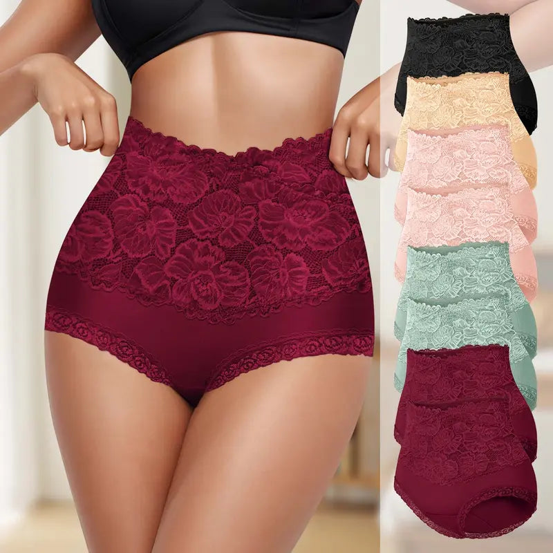 High-Waist Floral Lace Cotton Briefs – 4/6/8 Pack