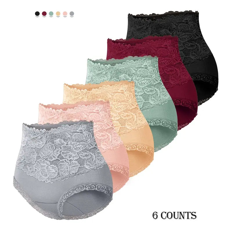 High-Waist Floral Lace Cotton Briefs – 4/6/8 Pack