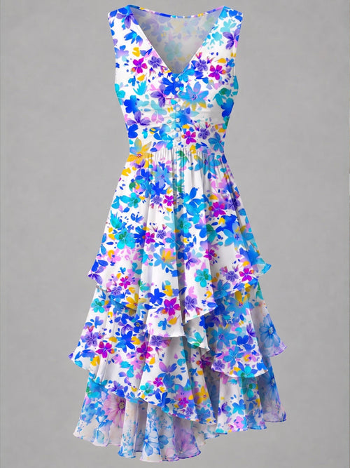 Retro Floral Art Print Casual Vintage V-Neck Button Midi Dress