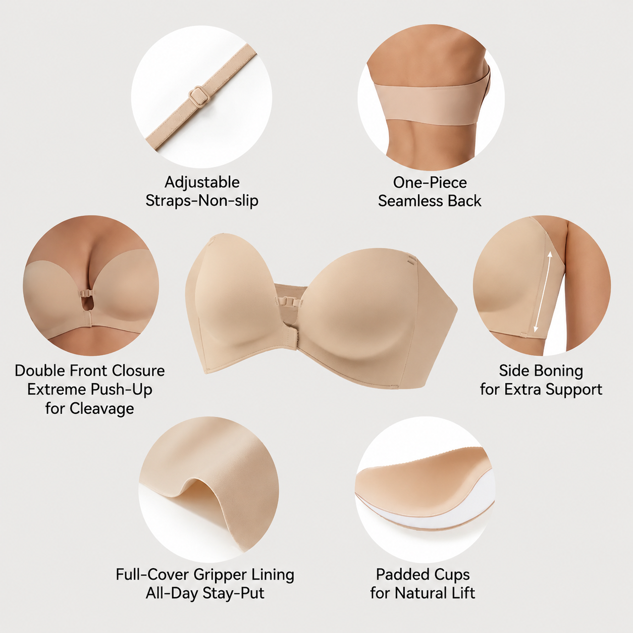 No-Slip Front Closure Push-Up Strapless Bra