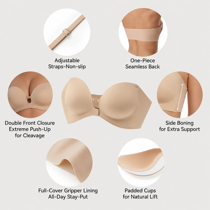 No-Slip Front Closure Push-Up Strapless Bra