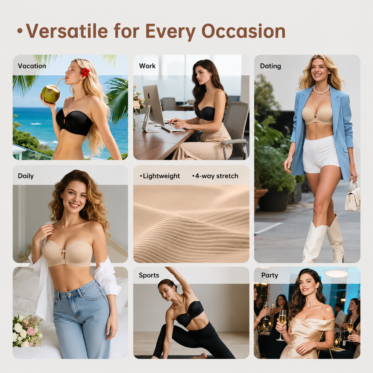 No-Slip Front Closure Push-Up Strapless Bra