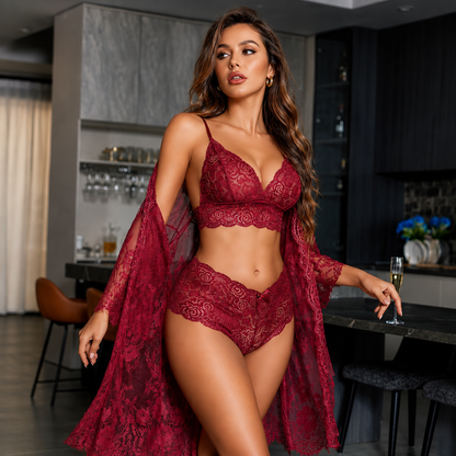 Women's 3-Piece Lace Lingerie Set with Sheer Robe