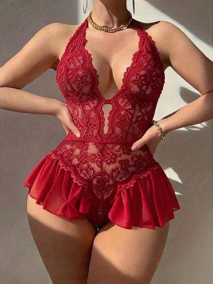 Women's Lace Halter Jumpsuit Deep V Sheer Ruffle Design