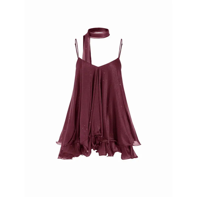 Women’s V-Neck Halter Glitter Mini Dress – Ruffled Hem & Scarf