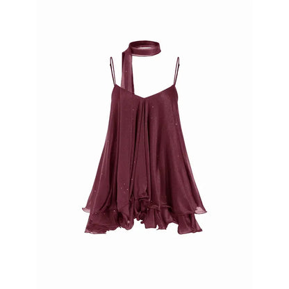 Women’s V-Neck Halter Glitter Mini Dress – Ruffled Hem & Scarf