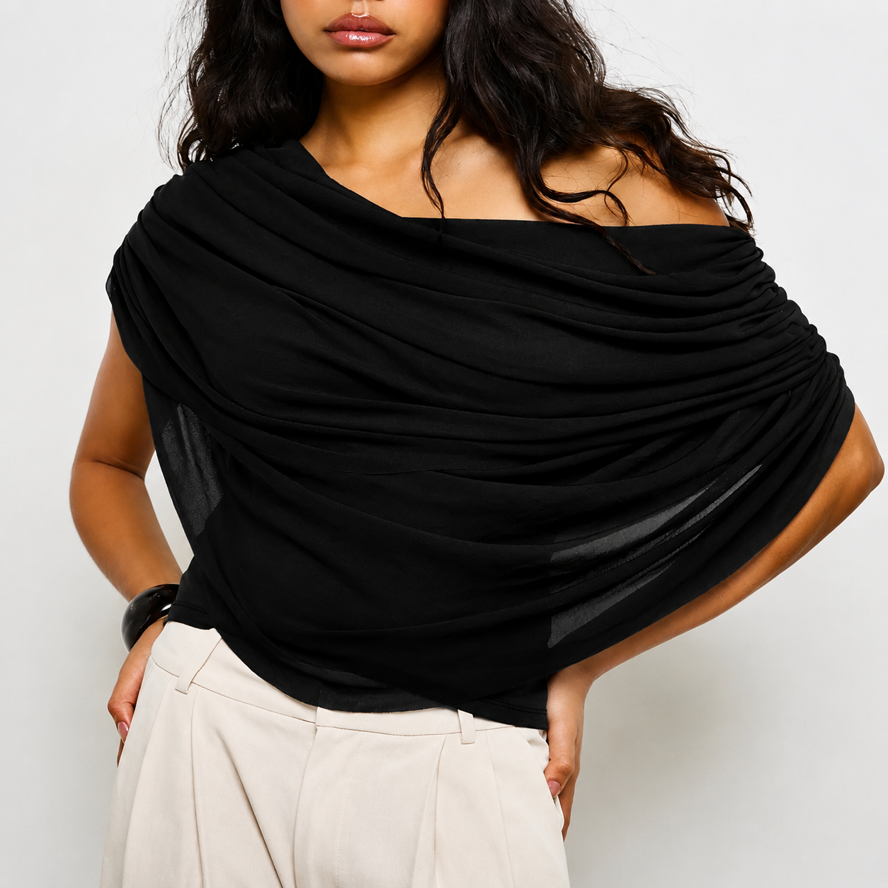 Draped Asymmetric Off-Shoulder Top