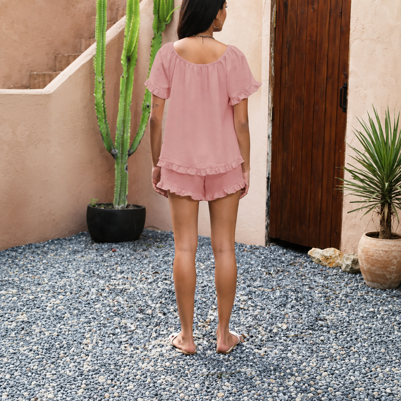 Women’s 2-Piece Ruffle Pajama Set with Short Sleeve Top & Shorts