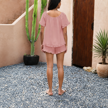Women’s 2-Piece Ruffle Pajama Set with Short Sleeve Top & Shorts