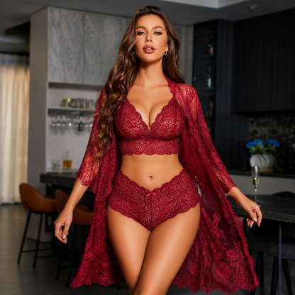 Women's 3-Piece Lace Lingerie Set with Sheer Robe
