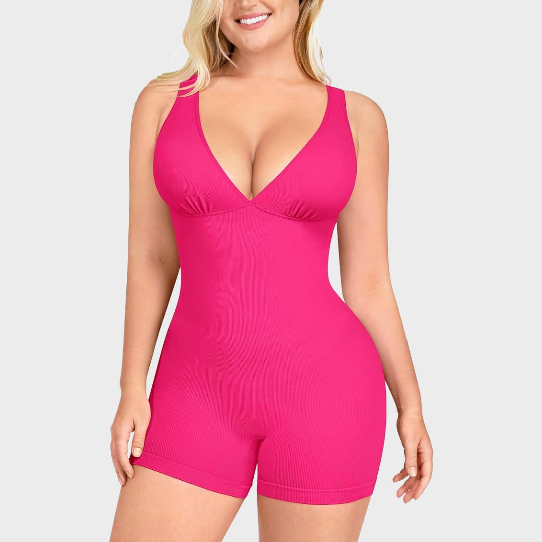 Deep V Sculpting Bodysuit with Tummy Control & Stretch Shorts