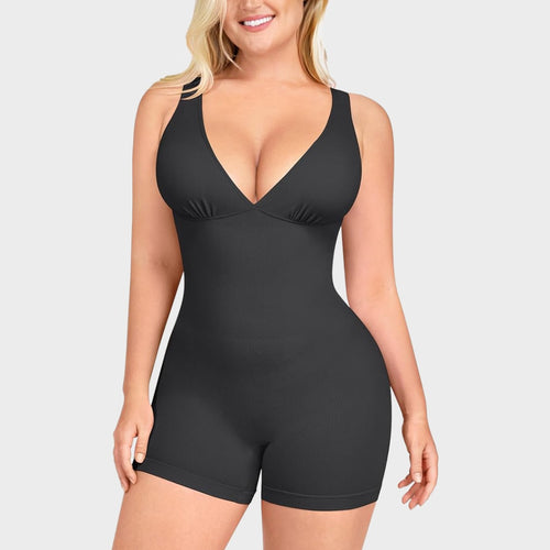 Deep V Sculpting Bodysuit with Tummy Control & Stretch Shorts