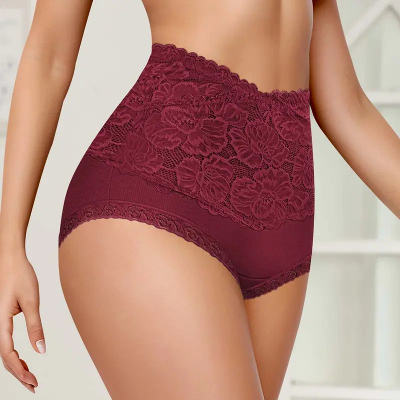 High-Waist Floral Lace Cotton Briefs – 4/6/8 Pack