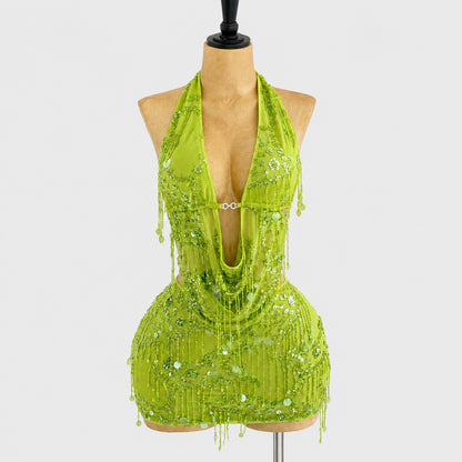 Sequin Fringe Cowl Neck Cami & Mini Skirt Set – Women's 2-Piece Festival Outfit
