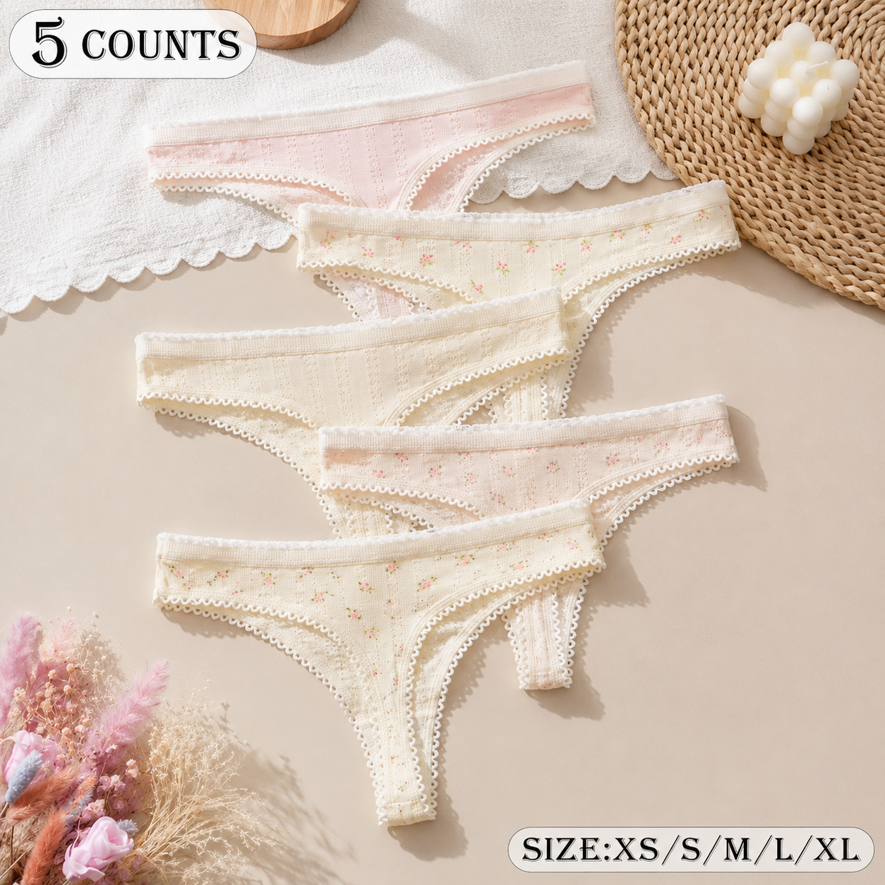 Floral Lace-Trim Bikini Briefs (5-Pack)