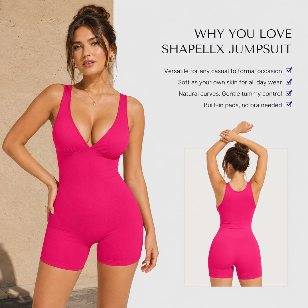 Deep V Sculpting Bodysuit with Tummy Control & Stretch Shorts