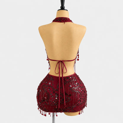 Sequin Fringe Cowl Neck Cami & Mini Skirt Set – Women's 2-Piece Festival Outfit