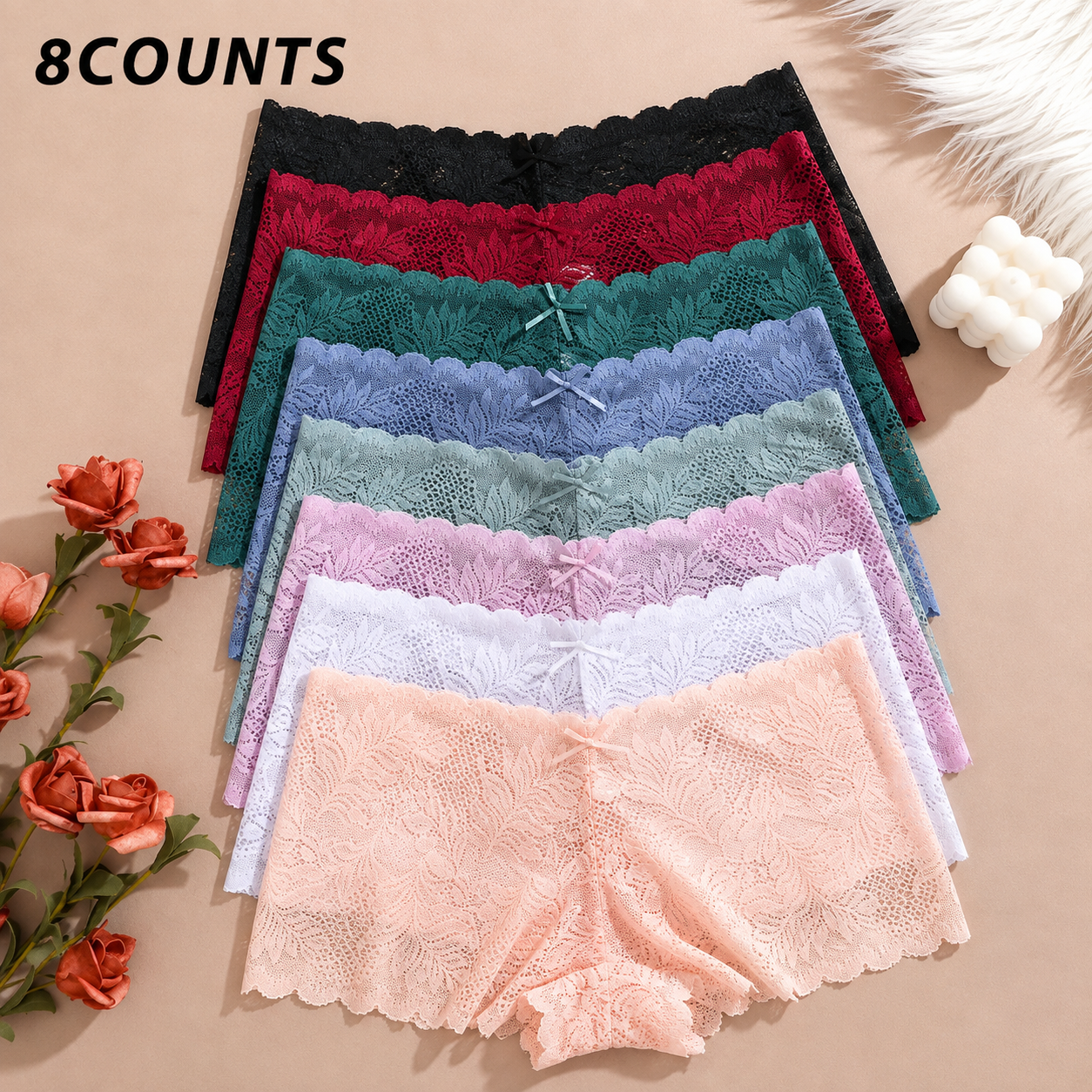 Comfy Sexy Soft Lace Boyshorts Panties Set（8 pack）