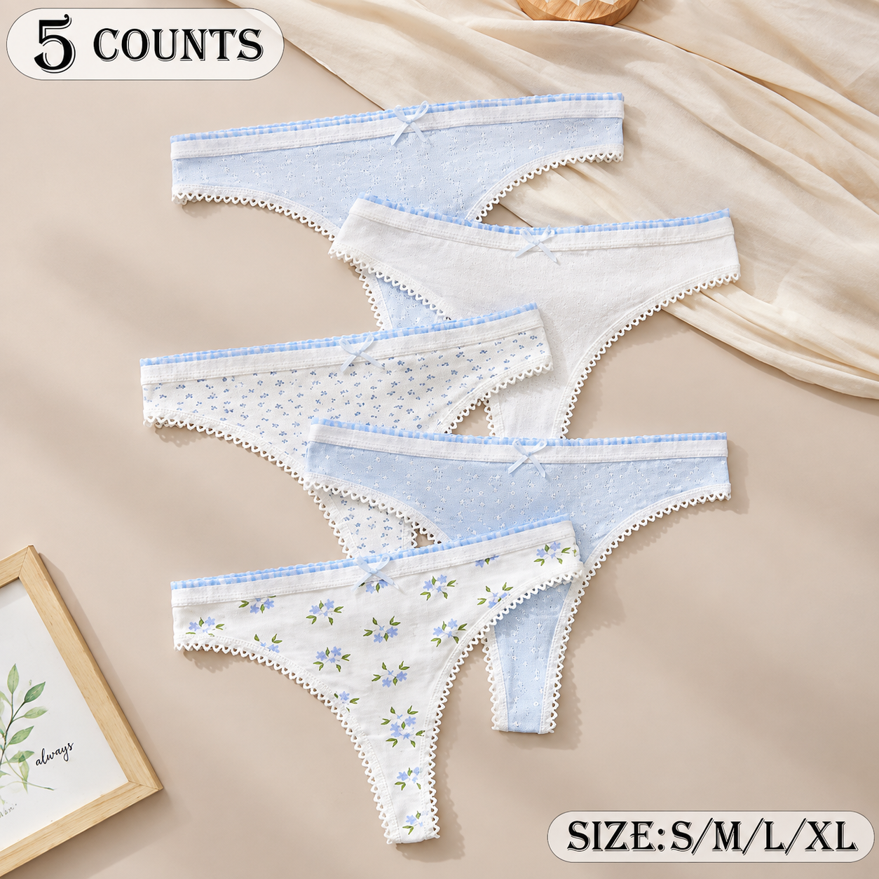 Floral Lace-Trim Bikini Briefs (5-Pack)