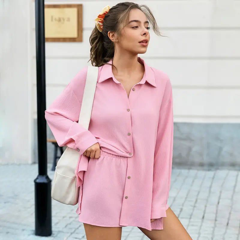 Oversized Button-Down Shirt & Shorts Set