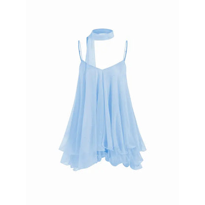 Women’s V-Neck Halter Glitter Mini Dress – Ruffled Hem & Scarf