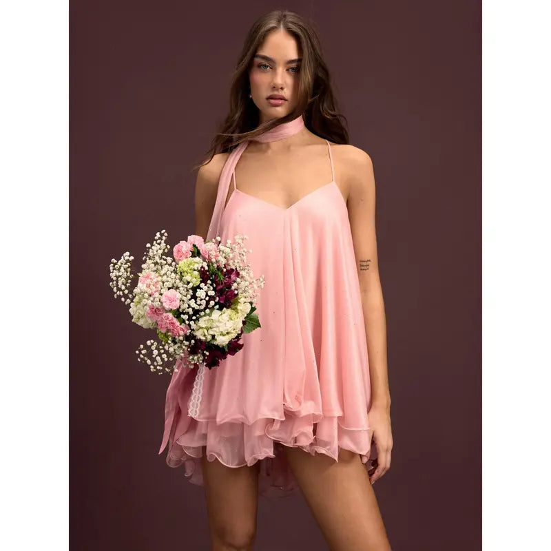 Women’s V-Neck Halter Glitter Mini Dress – Ruffled Hem & Scarf