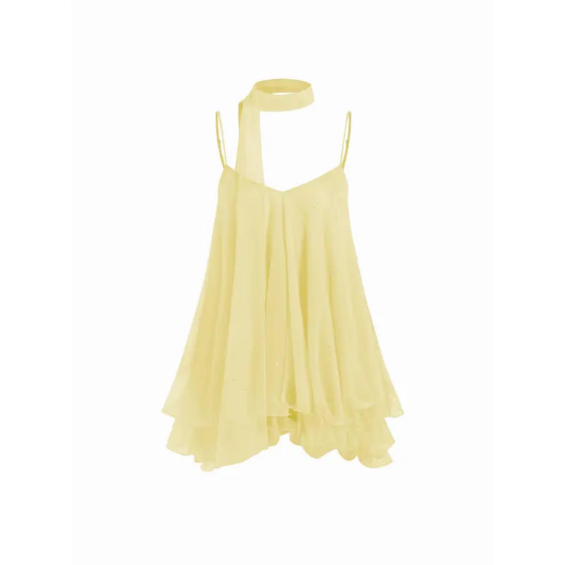 Women’s V-Neck Halter Glitter Mini Dress – Ruffled Hem & Scarf