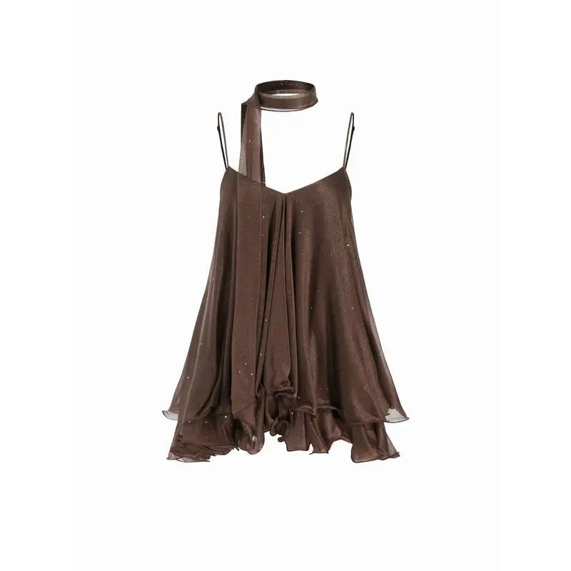 Women’s V-Neck Halter Glitter Mini Dress – Ruffled Hem & Scarf