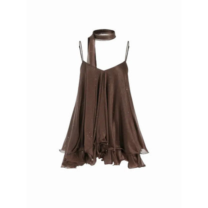 Women’s V-Neck Halter Glitter Mini Dress – Ruffled Hem & Scarf