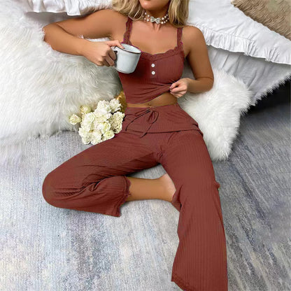 Lace Trim Ribbed Lounge Set