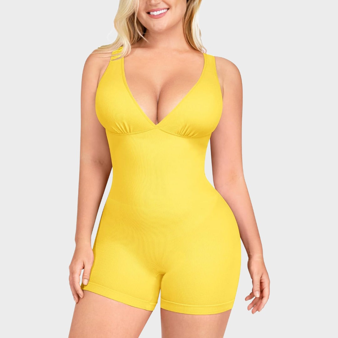 Deep V Sculpting Bodysuit with Tummy Control & Stretch Shorts