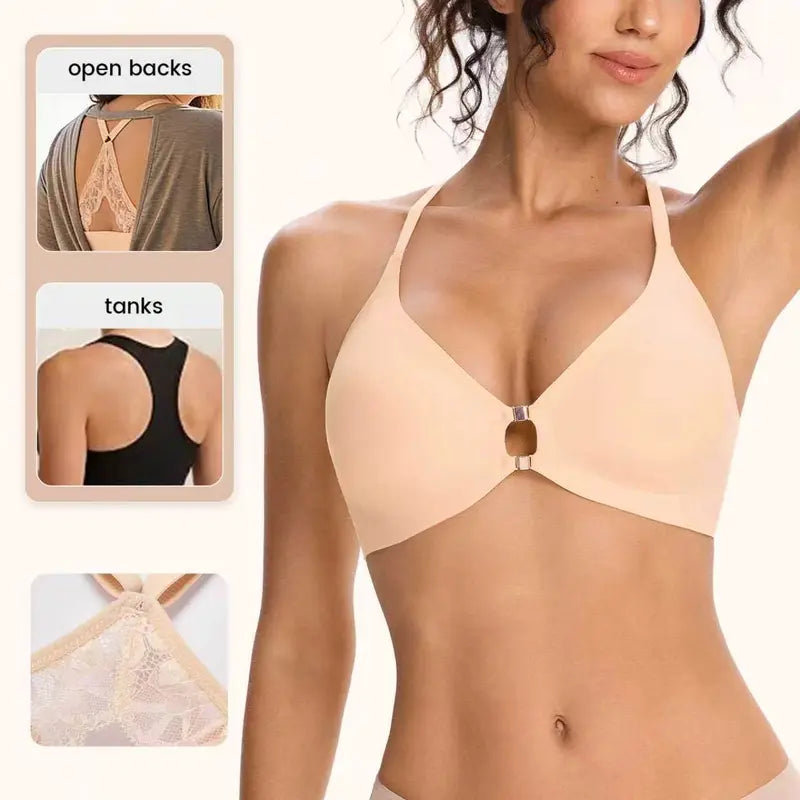 Front Closure Wireless Deep V Lace Bra