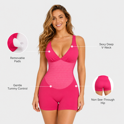 Deep V Sculpting Bodysuit with Tummy Control & Stretch Shorts