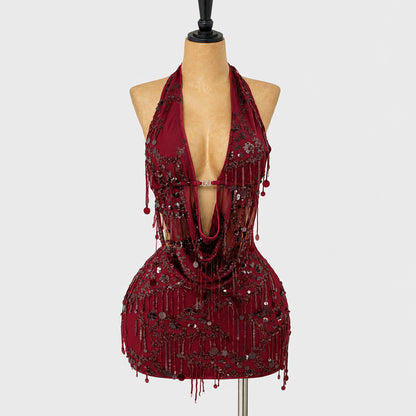 Sequin Fringe Cowl Neck Cami & Mini Skirt Set – Women's 2-Piece Festival Outfit