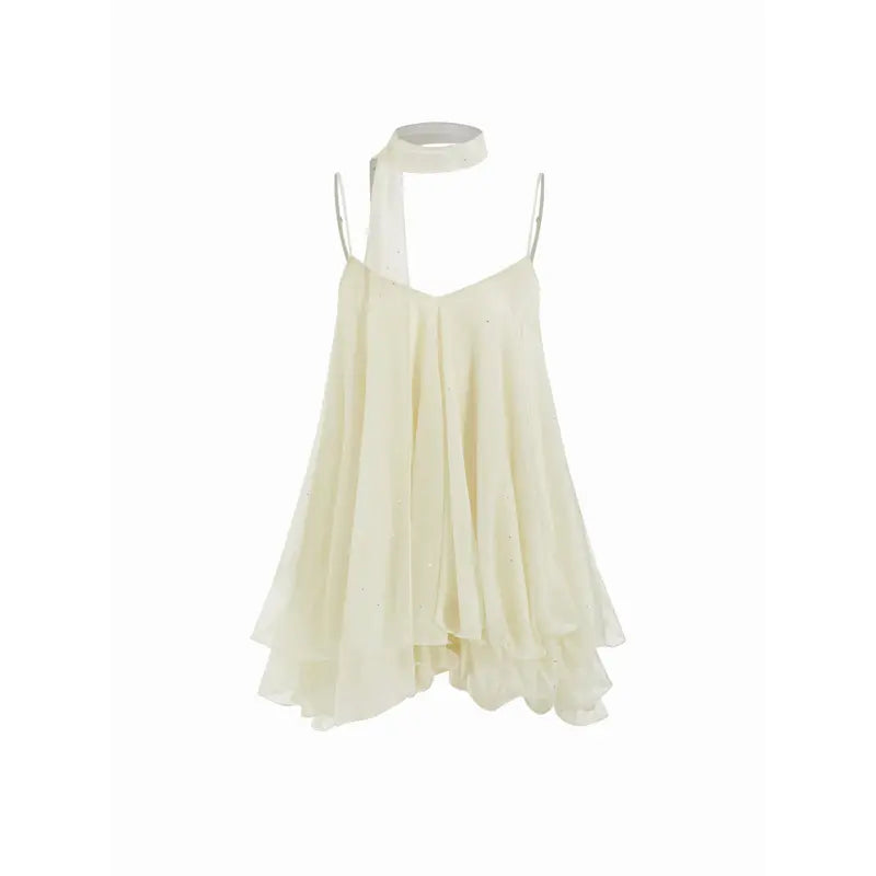 Women’s V-Neck Halter Glitter Mini Dress – Ruffled Hem & Scarf