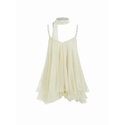 Women’s V-Neck Halter Glitter Mini Dress – Ruffled Hem & Scarf