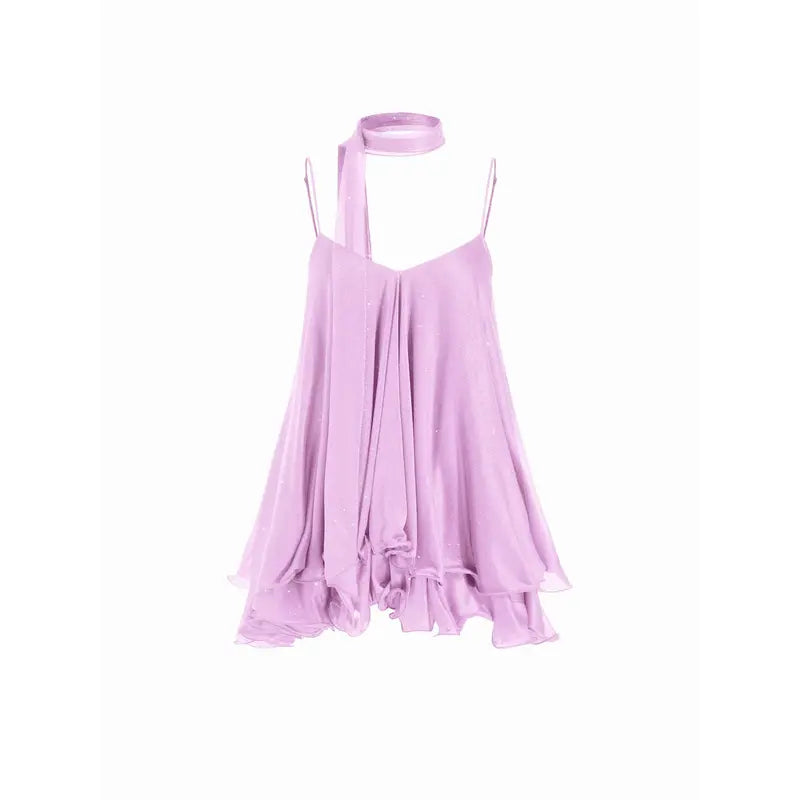 Women’s V-Neck Halter Glitter Mini Dress – Ruffled Hem & Scarf
