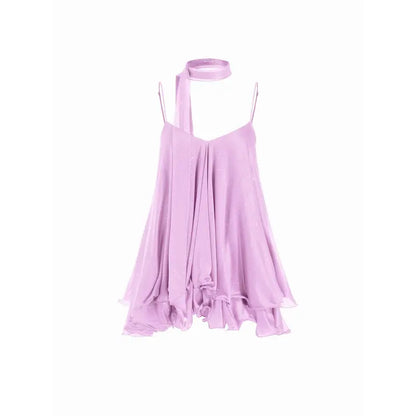 Women’s V-Neck Halter Glitter Mini Dress – Ruffled Hem & Scarf